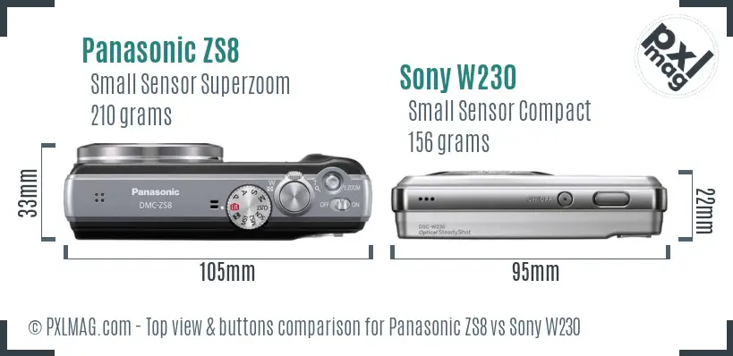 Panasonic ZS8 vs Sony W230 top view buttons comparison