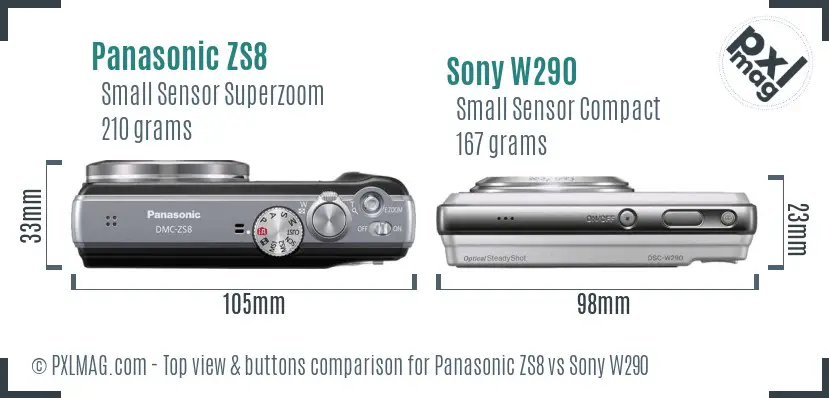 Panasonic ZS8 vs Sony W290 top view buttons comparison