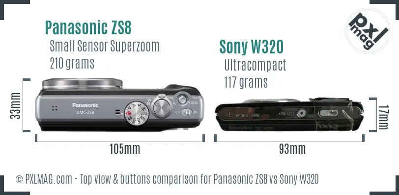 Panasonic ZS8 vs Sony W320 top view buttons comparison