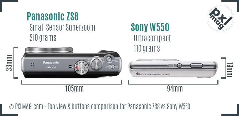 Panasonic ZS8 vs Sony W550 top view buttons comparison Panasonic ZS8 vs Sony W550 top view buttons comparison