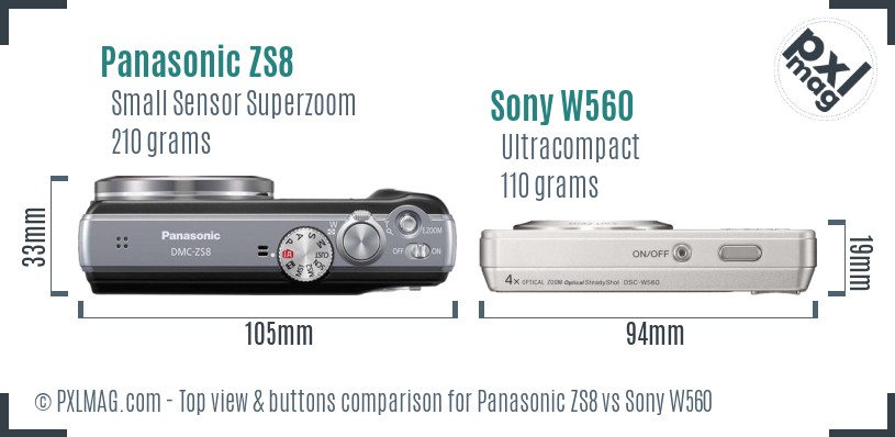 Panasonic ZS8 vs Sony W560 top view buttons comparison