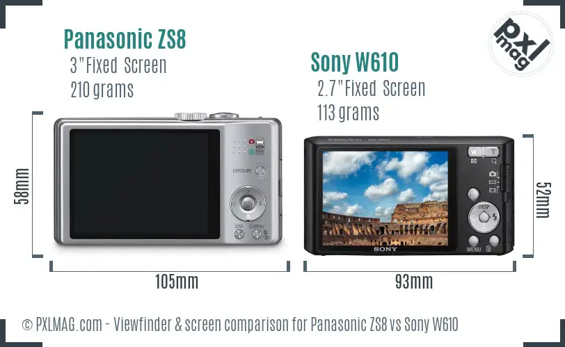 Panasonic ZS8 vs Sony W610 Screen and Viewfinder comparison