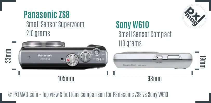 Panasonic ZS8 vs Sony W610 top view buttons comparison