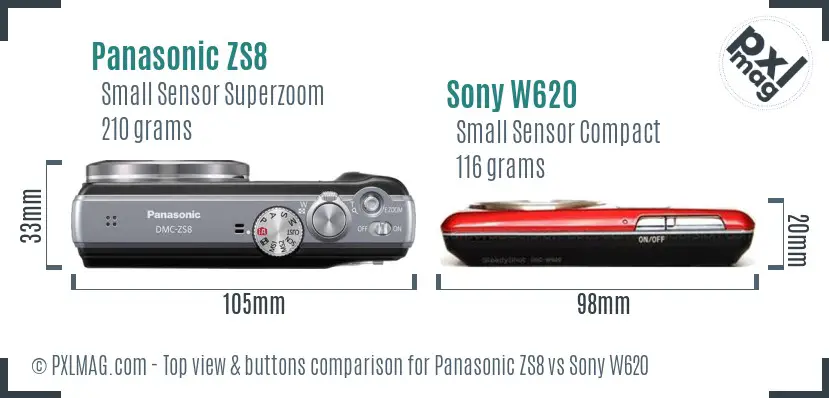 Panasonic ZS8 vs Sony W620 top view buttons comparison