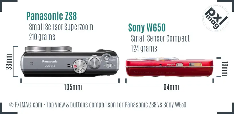 Panasonic ZS8 vs Sony W650 top view buttons comparison