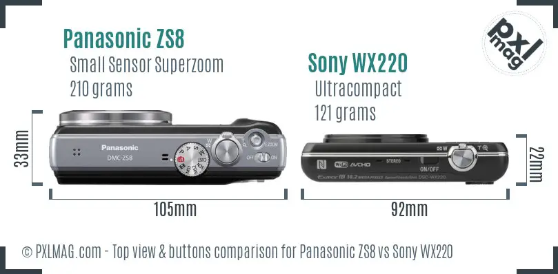 Panasonic ZS8 vs Sony WX220 top view buttons comparison