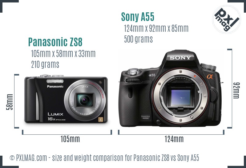 Panasonic ZS8 vs Sony A55 size comparison