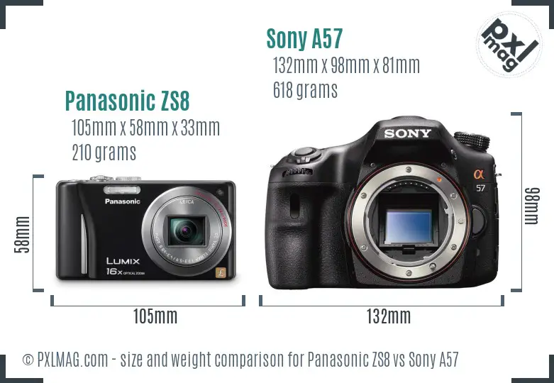 Panasonic ZS8 vs Sony A57 size comparison