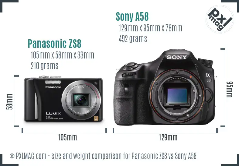 Panasonic ZS8 vs Sony A58 size comparison