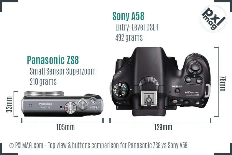 Panasonic ZS8 vs Sony A58 top view buttons comparison