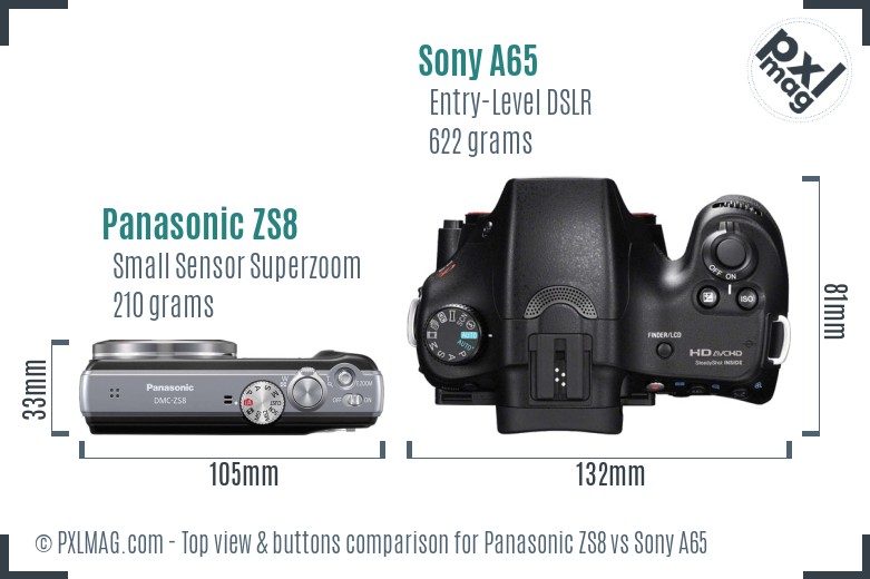 Panasonic ZS8 vs Sony A65 top view buttons comparison