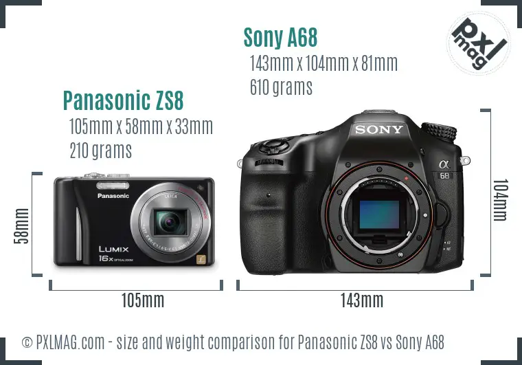 Panasonic ZS8 vs Sony A68 size comparison