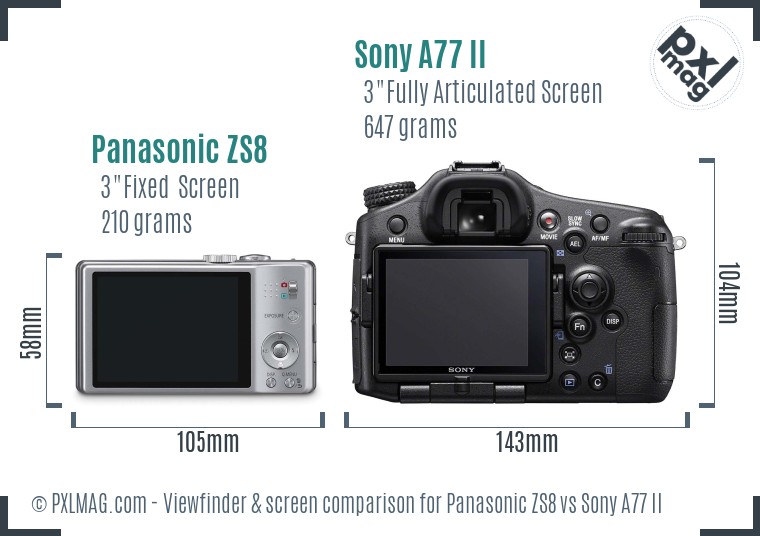 Panasonic ZS8 vs Sony A77 II Screen and Viewfinder comparison