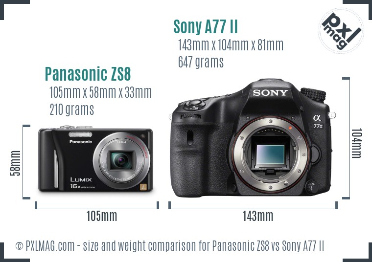 Panasonic ZS8 vs Sony A77 II size comparison