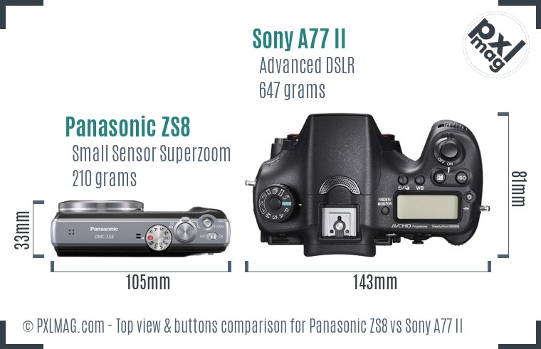 Panasonic ZS8 vs Sony A77 II top view buttons comparison