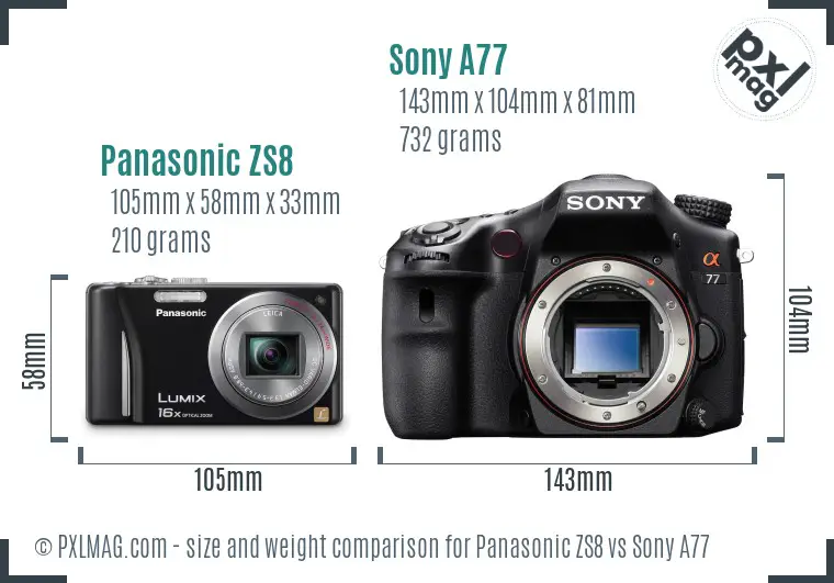Panasonic ZS8 vs Sony A77 size comparison