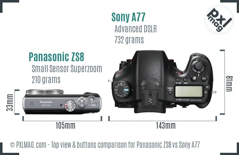 Panasonic ZS8 vs Sony A77 top view buttons comparison