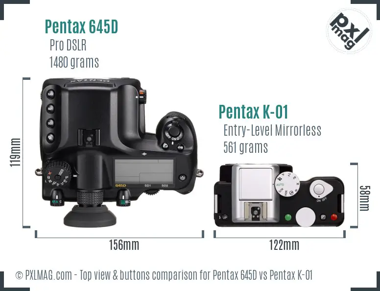 Pentax 645D vs Pentax K-01 top view buttons comparison