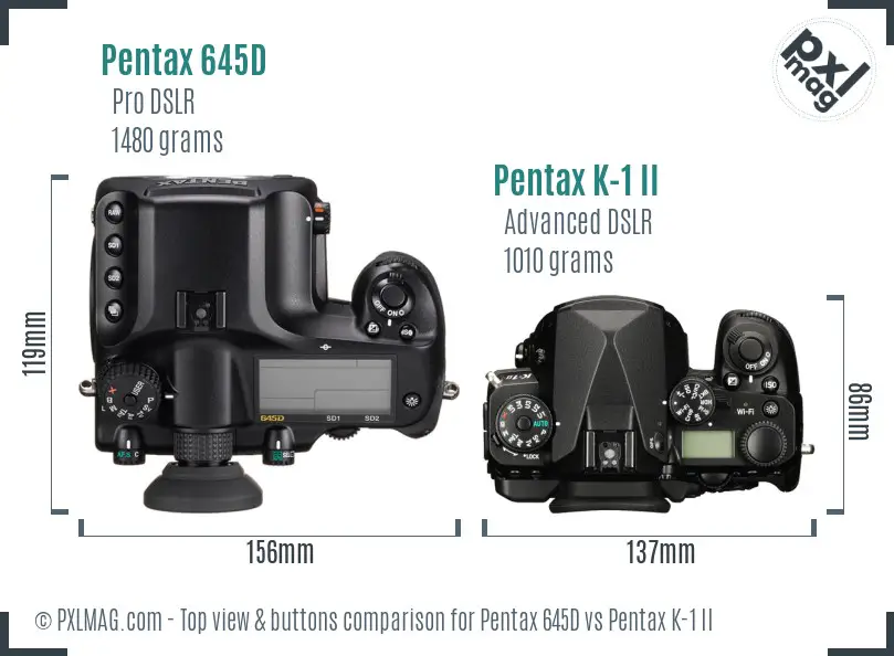 Pentax 645D vs Pentax K-1 II top view buttons comparison