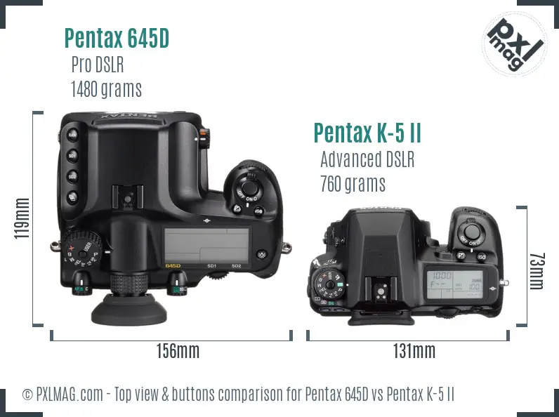 Pentax 645D vs Pentax K-5 II top view buttons comparison