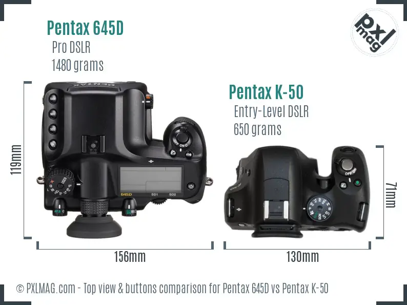 Pentax 645D vs Pentax K-50 top view buttons comparison