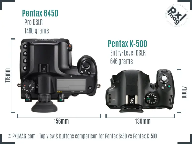 Pentax 645D vs Pentax K-500 top view buttons comparison