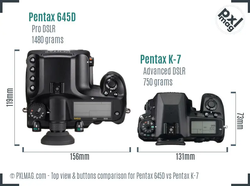Pentax 645D vs Pentax K-7 top view buttons comparison