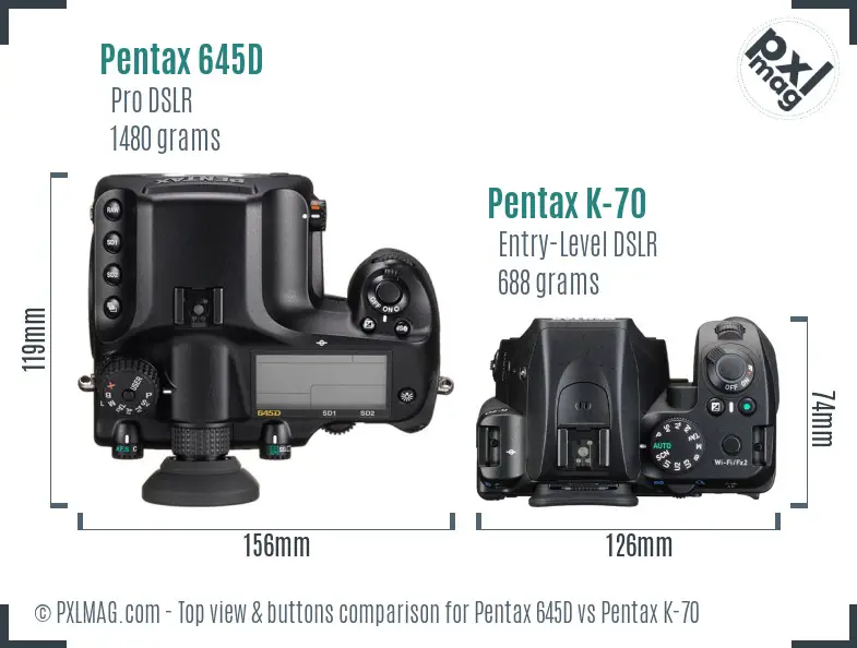 Pentax 645D vs Pentax K-70 top view buttons comparison