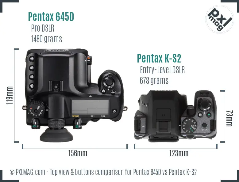 Pentax 645D vs Pentax K-S2 top view buttons comparison