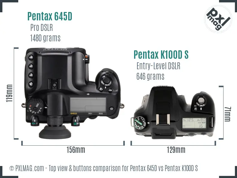 Pentax 645D vs Pentax K100D S top view buttons comparison