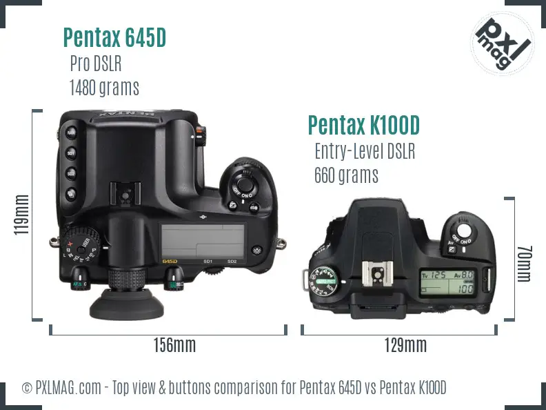 Pentax 645D vs Pentax K100D top view buttons comparison