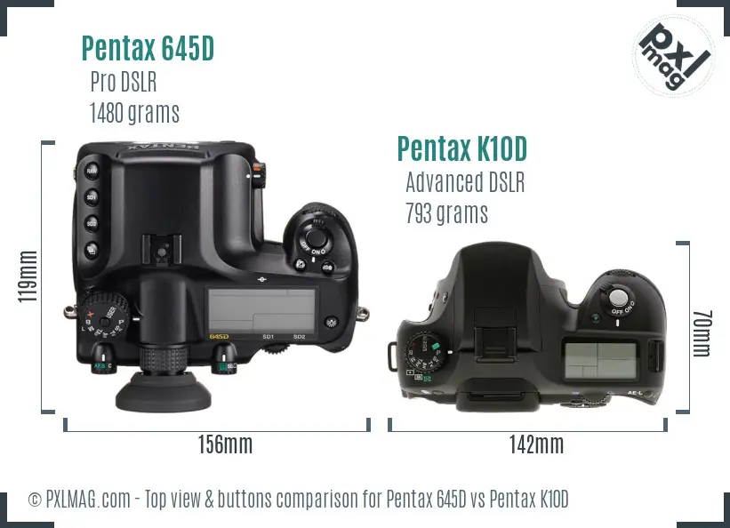 Pentax 645D vs Pentax K10D top view buttons comparison