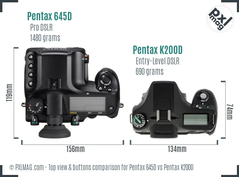 Pentax 645D vs Pentax K200D top view buttons comparison