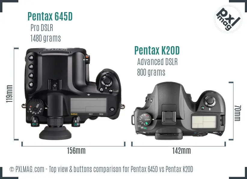Pentax 645D vs Pentax K20D top view buttons comparison
