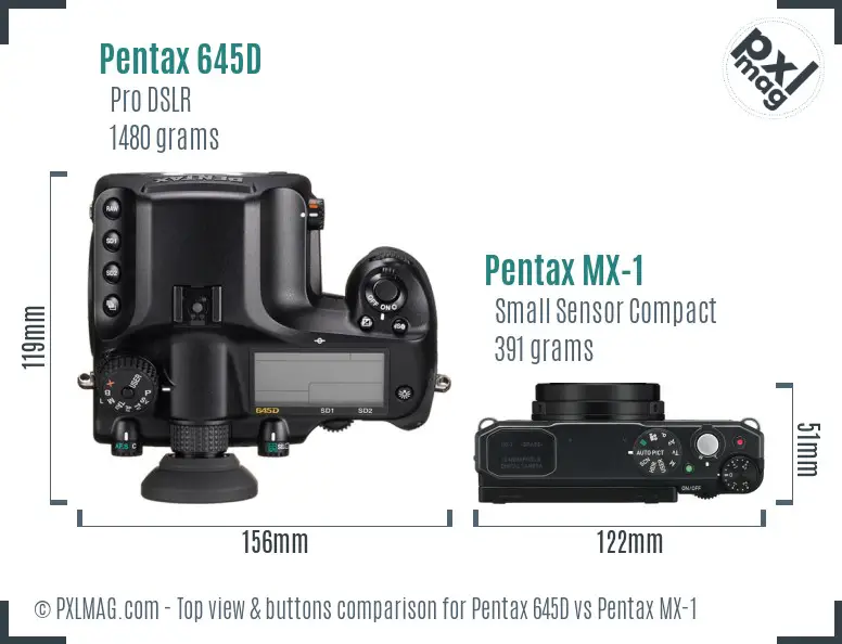 Pentax 645D vs Pentax MX-1 top view buttons comparison