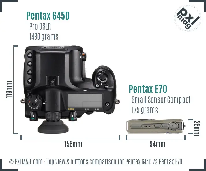 Pentax 645D vs Pentax E70 top view buttons comparison