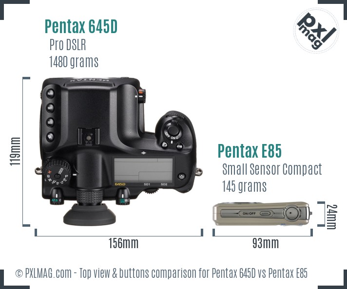 Pentax 645D vs Pentax E85 top view buttons comparison