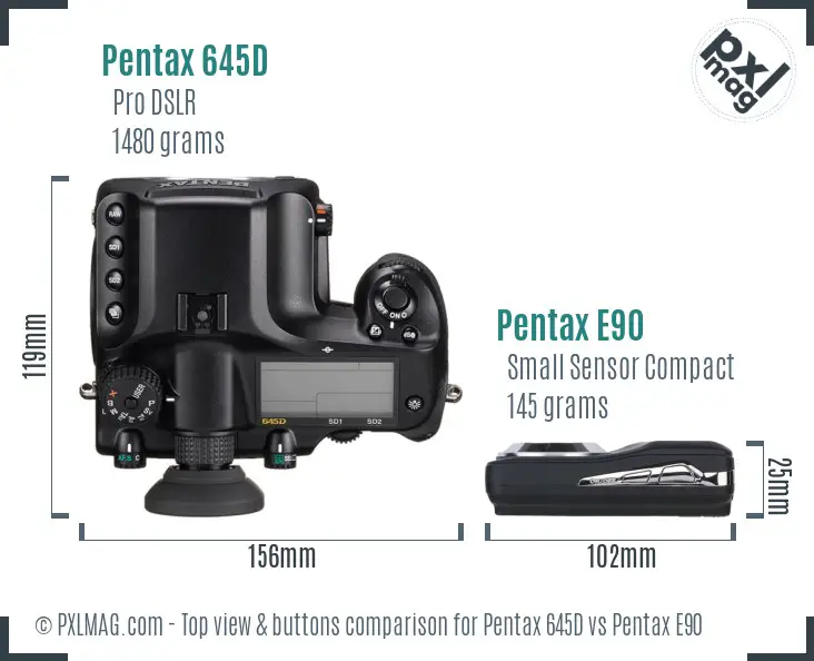 Pentax 645D vs Pentax E90 top view buttons comparison