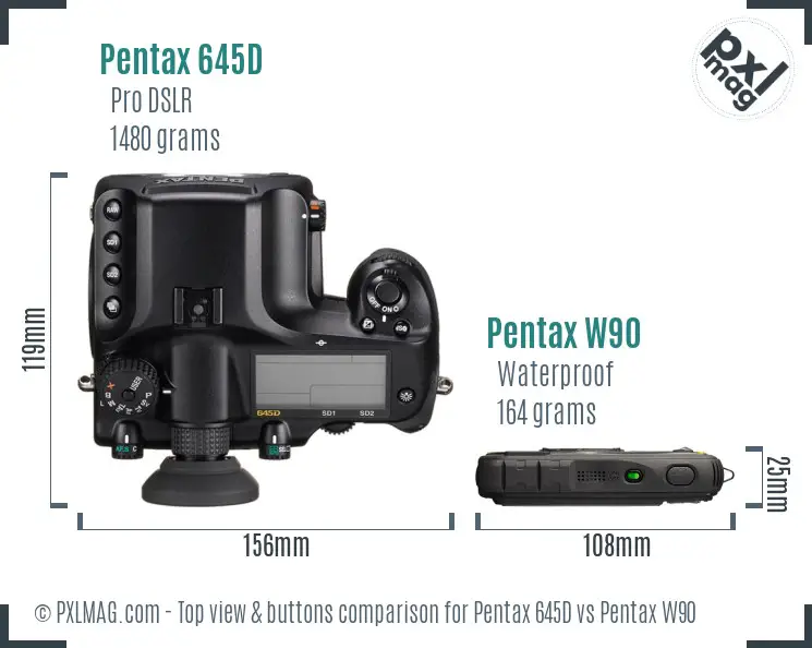 Pentax 645D vs Pentax W90 top view buttons comparison
