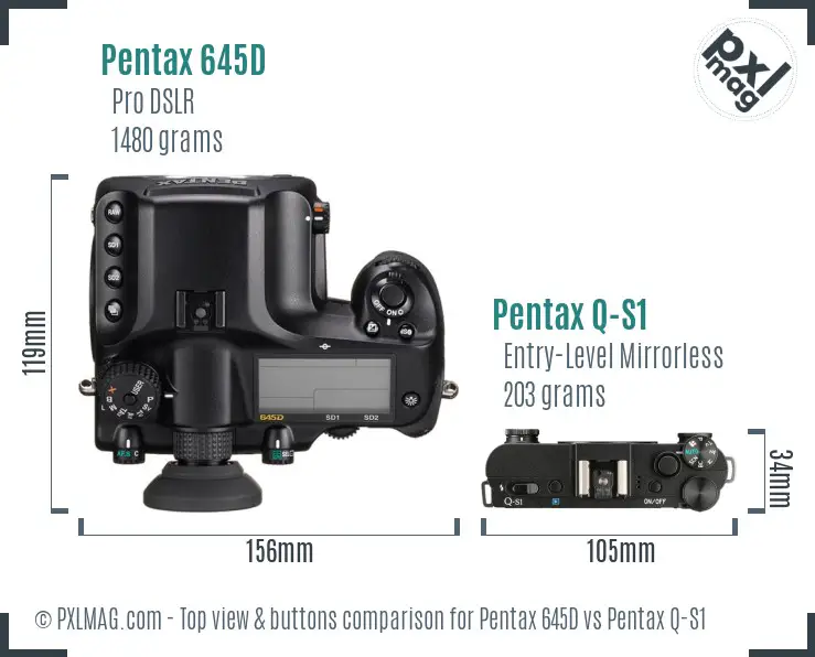 Pentax 645D vs Pentax Q-S1 top view buttons comparison