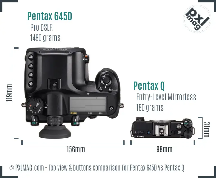 Pentax 645D vs Pentax Q top view buttons comparison