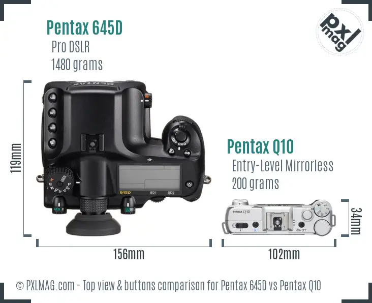 Pentax 645D vs Pentax Q10 top view buttons comparison