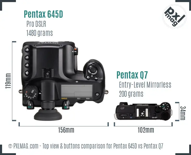 Pentax 645D vs Pentax Q7 top view buttons comparison