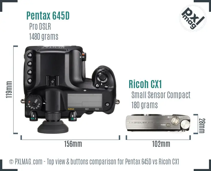 Pentax 645D vs Ricoh CX1 top view buttons comparison