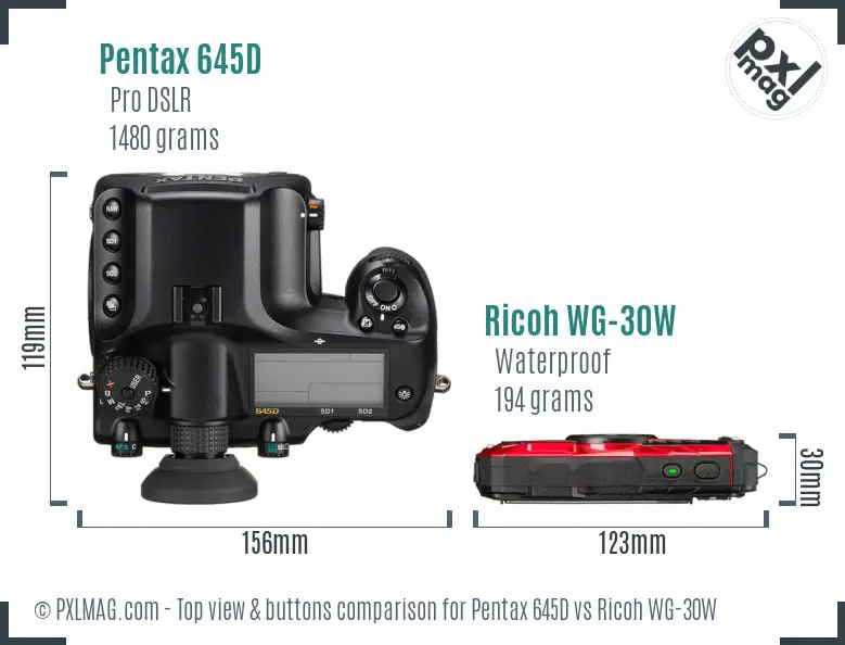 Pentax 645D vs Ricoh WG-30W top view buttons comparison