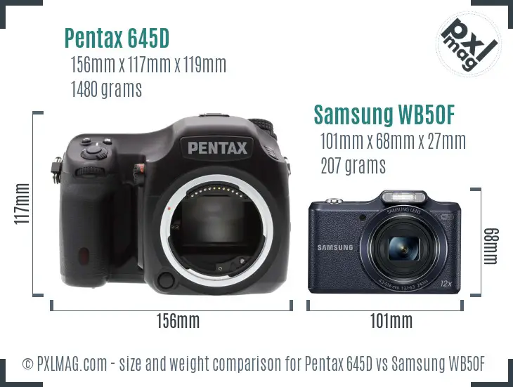 Pentax 645D vs Samsung WB50F size comparison