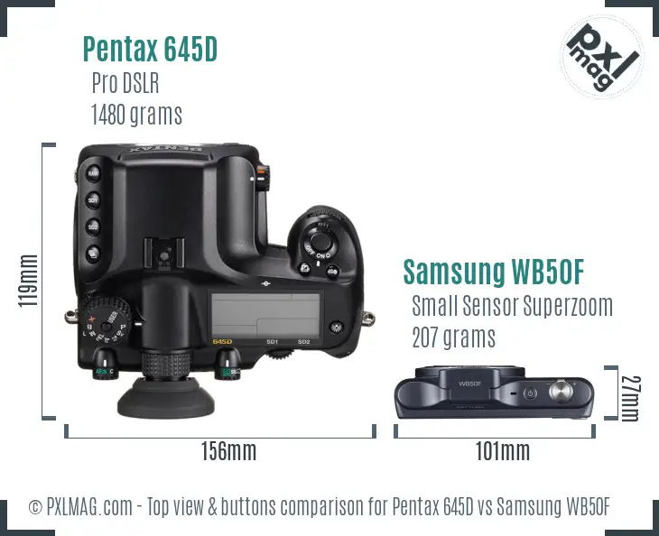 Pentax 645D vs Samsung WB50F top view buttons comparison