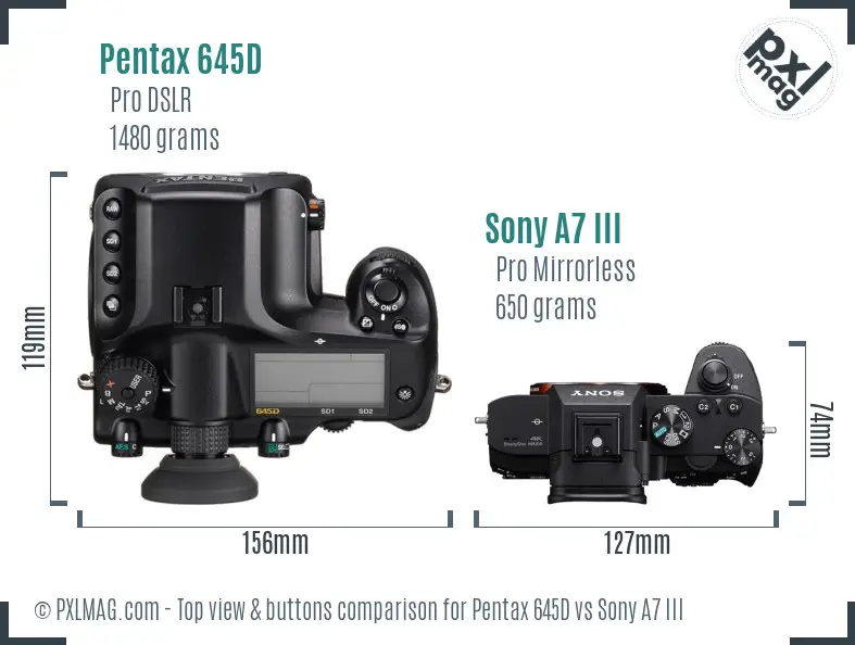 Pentax 645D vs Sony A7 III top view buttons comparison