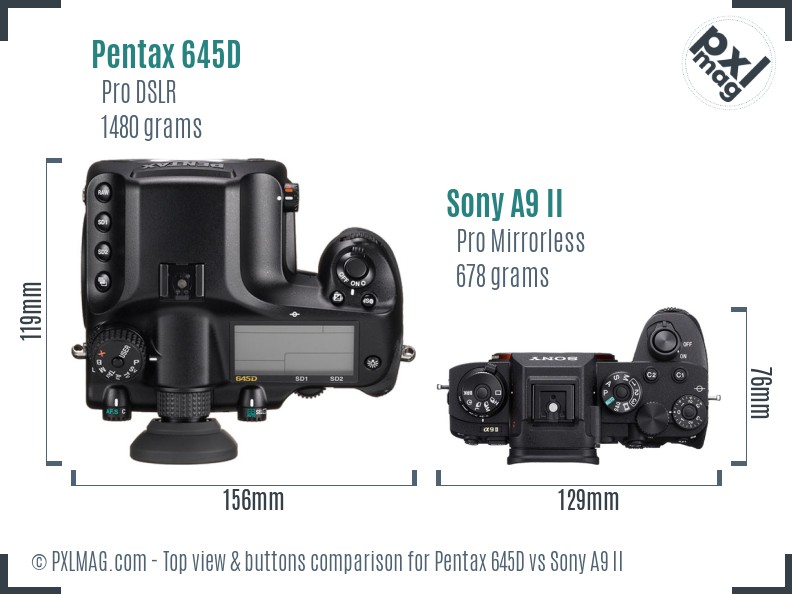Pentax 645D vs Sony A9 II top view buttons comparison