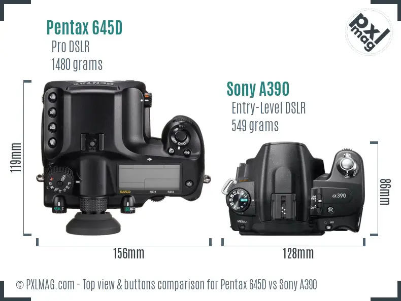 Pentax 645D vs Sony A390 top view buttons comparison Pentax 645D vs Sony A390 top view buttons comparison